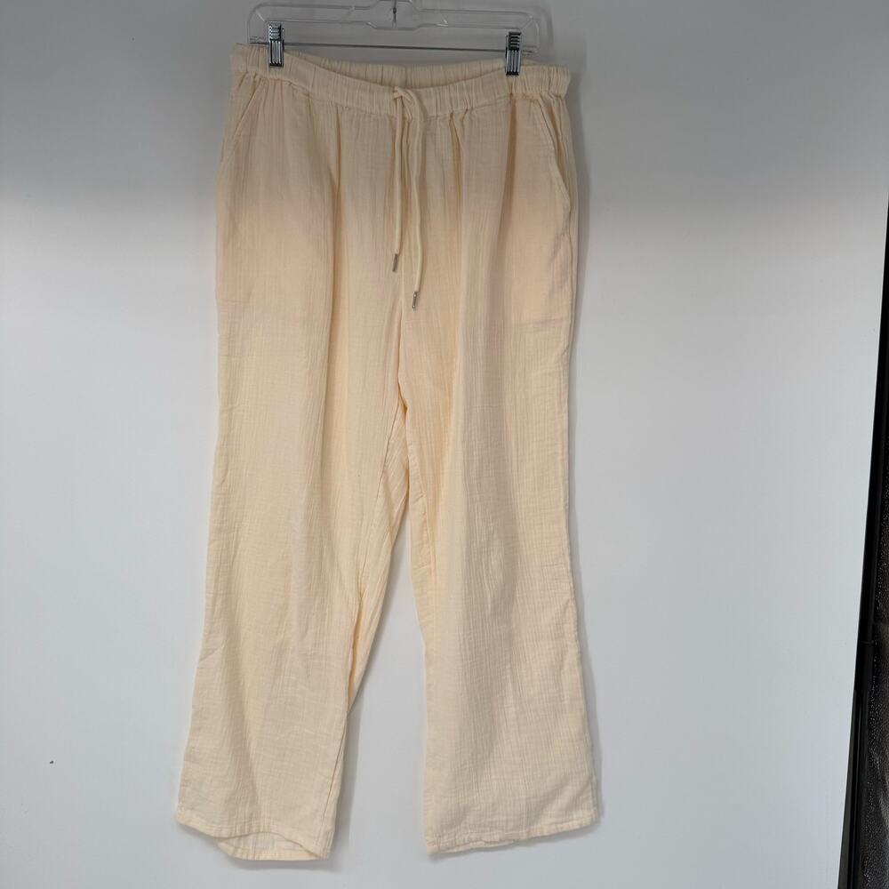 Quince Lounge Pants Womens Size Medium Cream Pull On Drawstring Wide Leg Pocket